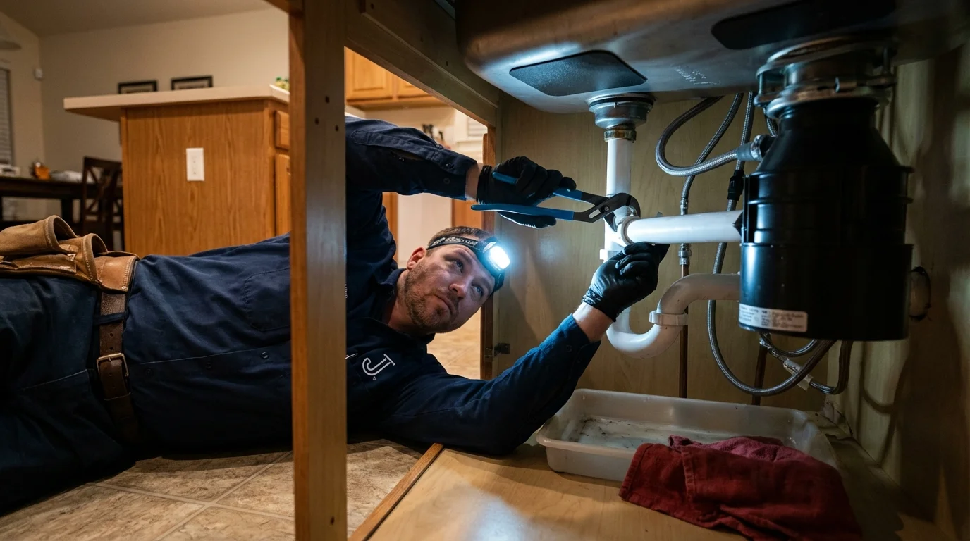 P-trap and supply line connections under a kitchen sink showing a common leak point in Henderson, NV